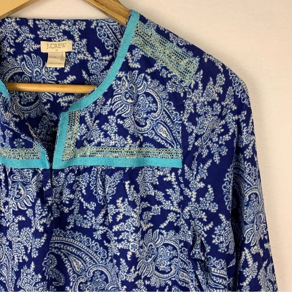 J. Crew Blue Paisley Embroidered Tunic Top Resort Coastal